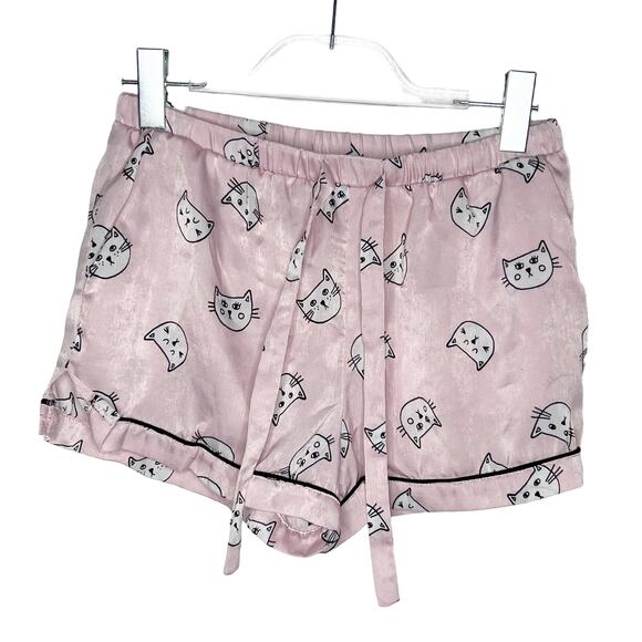 FOREVER 21 Cat Print Pajama Shirt Shorts Set Satin Lightweight Pink Size Small - Picture 6 of 10